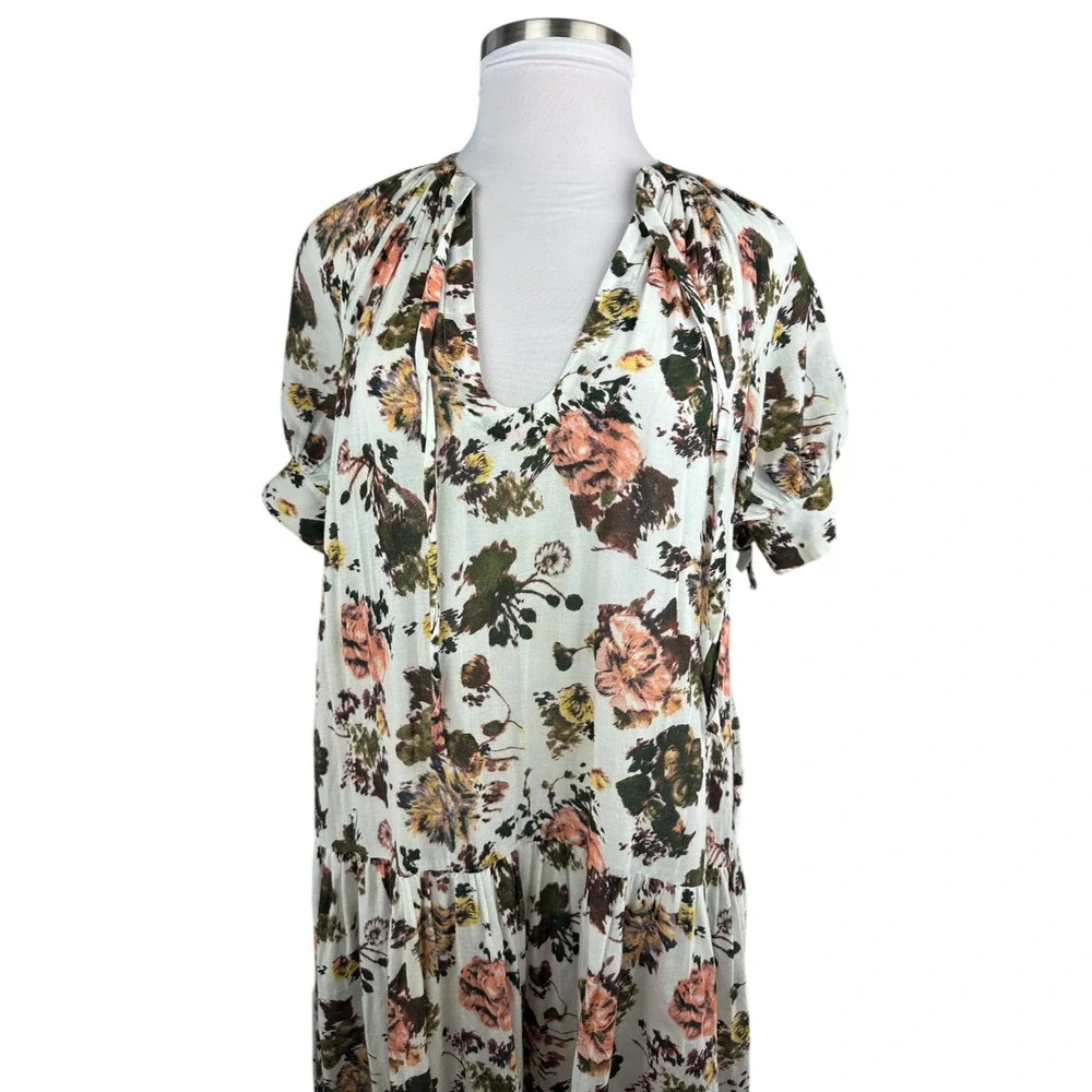 *Flawed Ulla Johnson Selena Cover Up Maxi Dress Small S Floral Tie Neck NO BELT - Picture 3 of 16